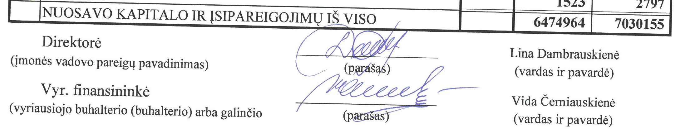 Balanso pabaigos fragmentas su direktorės Linos Dambrauskienės ir vyr. finansininkės Vidos Černiauskienės parašais bei spausdintais rekvizitais.
