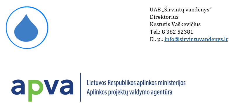 Archyvinio projekto iliustracija: UAB „Širvintų vandenys“ ir Aplinkos projektų valdymo agentūros ženklai, to laikotarpio direktoriaus Kęstučio Vaškevičiaus kontaktai: tel. 8 382 52381, el. paštas info@sirvintuvandenys.lt.